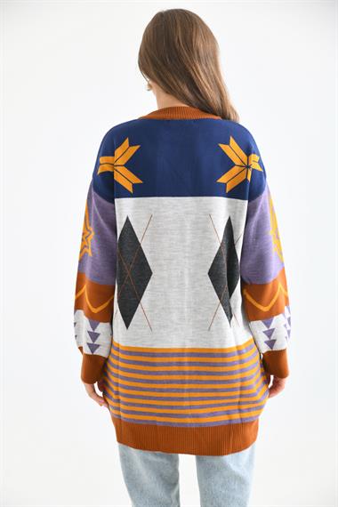 FTZ Women Kadın Etnik Desen Hırka  Kiremit 21-6313