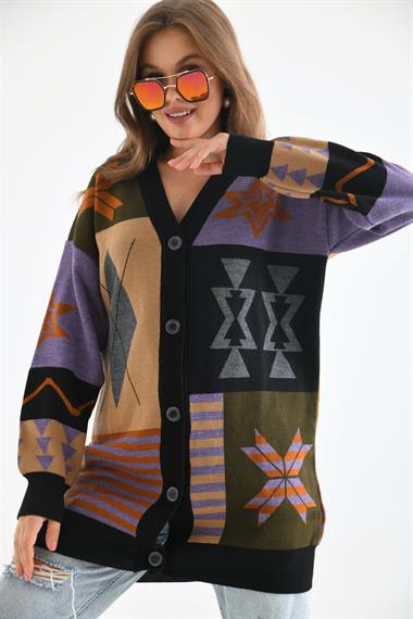 FTZ Women Kadın Etnik Desen Hırka  Siyah 21-6313