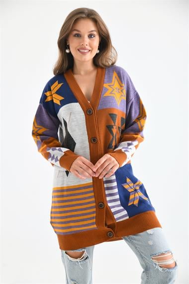 FTZ Women Kadın Etnik Desen Hırka  Kiremit 21-6313