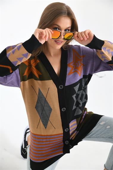 FTZ Women Kadın Etnik Desen Hırka  Siyah 21-6313