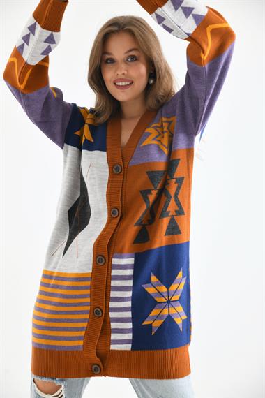 FTZ Women Kadın Etnik Desen Hırka  Kiremit 21-6313