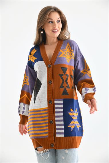 FTZ Women Kadın Etnik Desen Hırka  Kiremit 21-6313