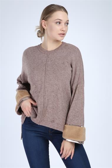 FTZ Women Kadın Kolları Kürk Detaylı Triko  Beige 21-1278