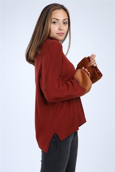 FTZ Women Kadın Kolları Kürk Detaylı Triko  Kiremit 21-1278