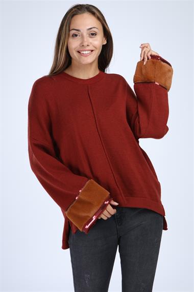 FTZ Women Kadın Kolları Kürk Detaylı Triko  Kiremit 21-1278