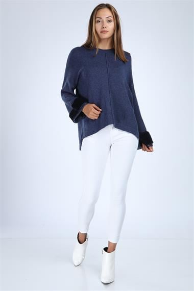 FTZ Women Kadın Kolları Kürk Detaylı Triko  İndigo 21-1278