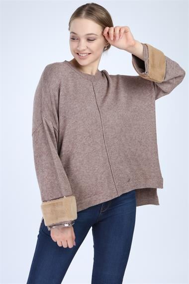 FTZ Women Kadın Kolları Kürk Detaylı Triko  Beige 21-1278