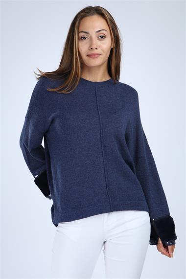 FTZ Women Kadın Kolları Kürk Detaylı Triko  İndigo 21-1278
