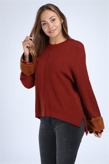 FTZ Women Kadın Kolları Kürk Detaylı Triko  Kiremit 21-1278