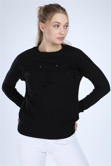 FTZ Women Kadın Önü Detaylı Triko  Siyah 20-585