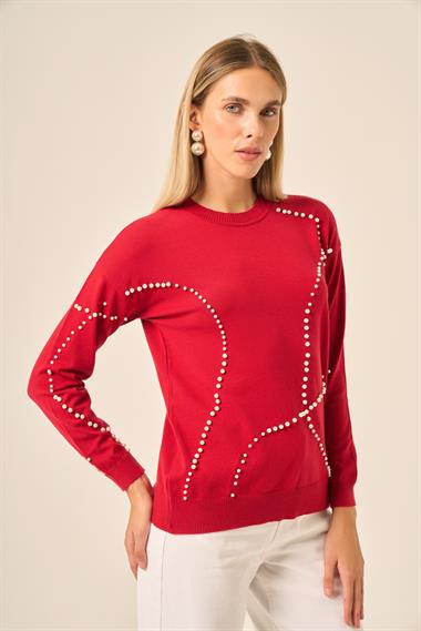 FTZ Women Kadın İnci Detaylı Kazak  Kırmızı 25103