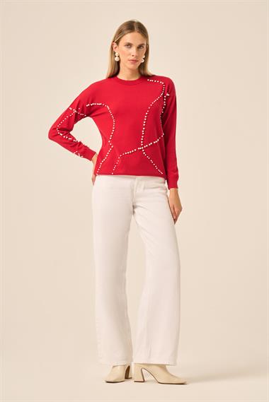 FTZ Women Kadın İnci Detaylı Kazak  Kırmızı 25103