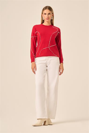 FTZ Women Kadın İnci Detaylı Kazak  Kırmızı 25103