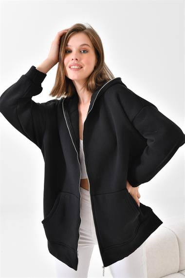 FTZ Women Kadın Oversize 3 İp Şardonlu Fermuarlı Sweatshırt  Siyah 10002