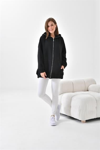 FTZ Women Kadın Oversize 3 İp Şardonlu Fermuarlı Sweatshırt  Siyah 10002