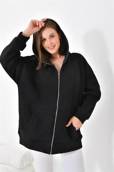 FTZ Women Kadın Oversize 3 İp Şardonlu Fermuarlı Sweatshırt  Siyah 10002