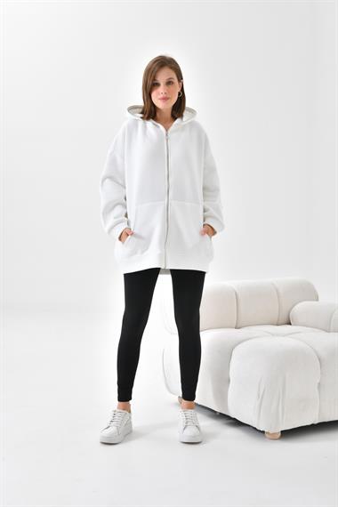 FTZ Women Kadın Oversize 3 İp Şardonlu Fermuarlı Sweatshırt  Ekru 10002