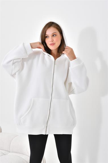 FTZ Women Kadın Oversize 3 İp Şardonlu Fermuarlı Sweatshırt  Ekru 10002