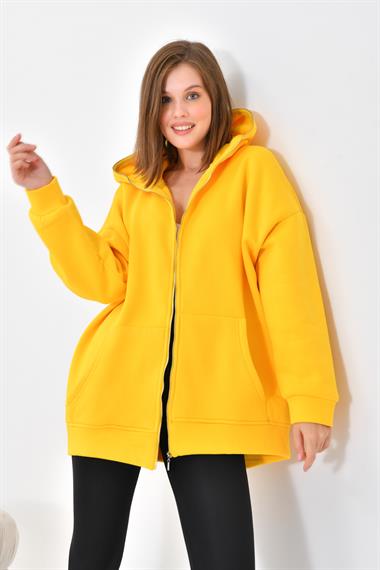 FTZ Women Kadın Oversize 3 İp Şardonlu Fermuarlı Sweatshırt  Sarı 10002