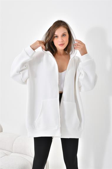 FTZ Women Kadın Oversize 3 İp Şardonlu Fermuarlı Sweatshırt  Ekru 10002