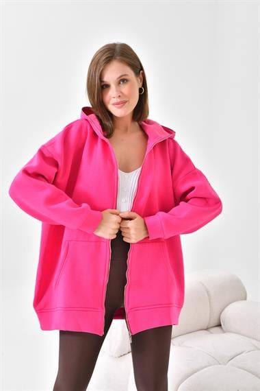 FTZ Women Kadın Oversize 3 İp Şardonlu Fermuarlı Sweatshırt  Fuşya 10002