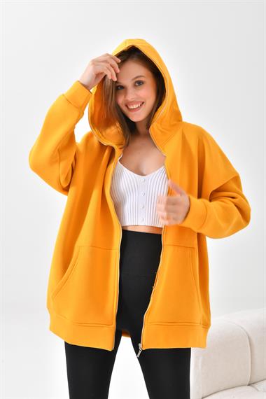 FTZ Women Kadın Oversize 3 İp Şardonlu Fermuarlı Sweatshırt  Hardal 10002