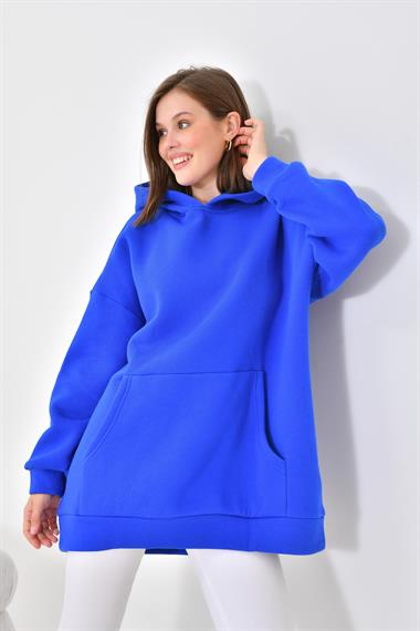 FTZ Women Kadın Oversize 3 İp Şardonlu Kapüşonlu Sweatshirt  Saks Mavi 10000