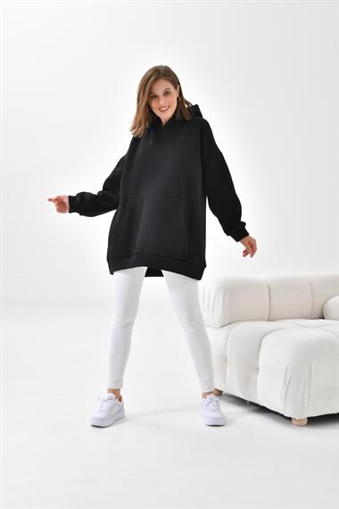 FTZ Women Kadın Oversize 3 İp Şardonlu Kapüşonlu Sweatshirt  Siyah 10000