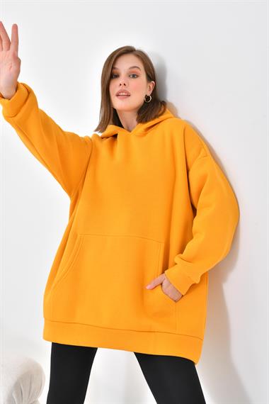 FTZ Women Kadın Oversize 3 İp Şardonlu Kapüşonlu Sweatshirt  Hardal 10000