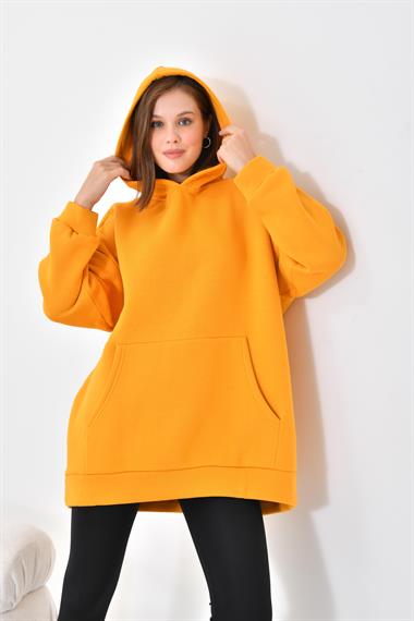 FTZ Women Kadın Oversize 3 İp Şardonlu Kapüşonlu Sweatshirt  Hardal 10000