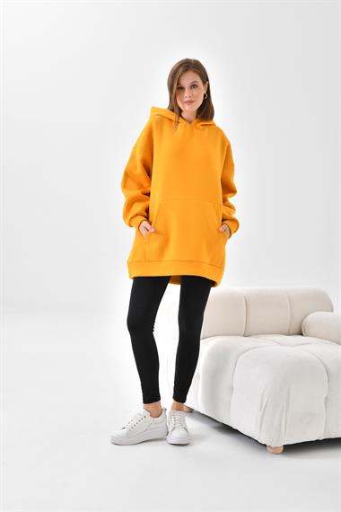 FTZ Women Kadın Oversize 3 İp Şardonlu Kapüşonlu Sweatshirt  Hardal 10000
