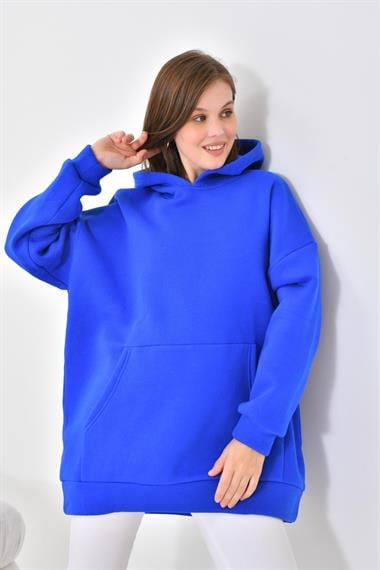 FTZ Women Kadın Oversize 3 İp Şardonlu Kapüşonlu Sweatshirt  Saks Mavi 10000