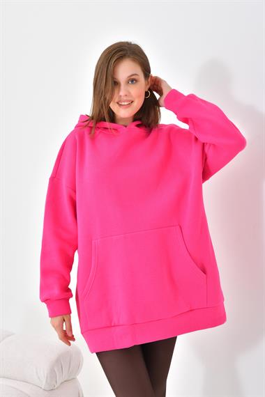 FTZ Women Kadın Oversize 3 İp Şardonlu Kapüşonlu Sweatshirt  Fuşya 10000