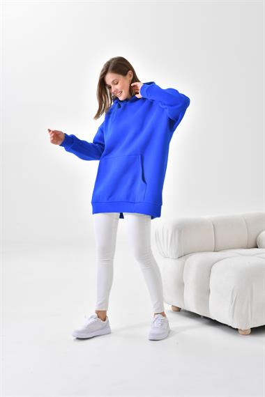 FTZ Women Kadın Oversize 3 İp Şardonlu Kapüşonlu Sweatshirt  Saks Mavi 10000