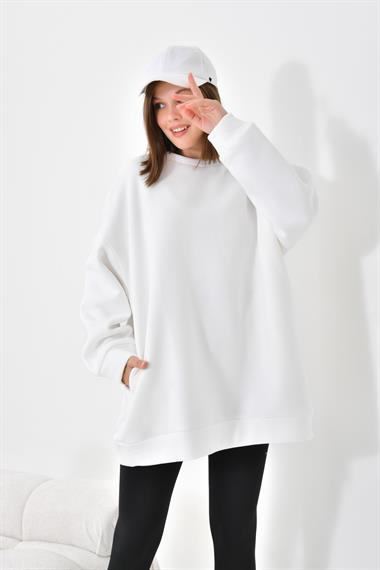 FTZ Women Kadın Oversize 3 İp Şardonlu Sweatshirt  Ekru 10001