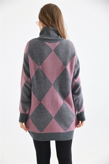 FTZ Women Kadın Baklava Desen Degaje Yaka Kazak  Gri 21-6360