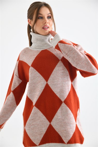 FTZ Women Kadın Baklava Desen Degaje Yaka Kazak  Taş 21-6360