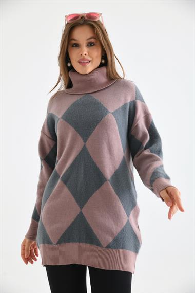 FTZ Women Kadın Baklava Desen Degaje Yaka Kazak  Gül 21-6360