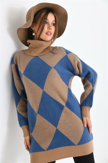 FTZ Women Kadın Baklava Desen Degaje Yaka Kazak  Bisküvi 21-6360