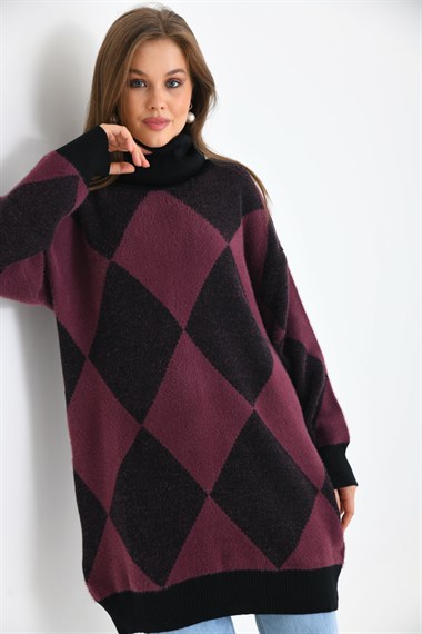 FTZ Women Kadın Baklava Desen Degaje Yaka Kazak  Siyah 21-6360