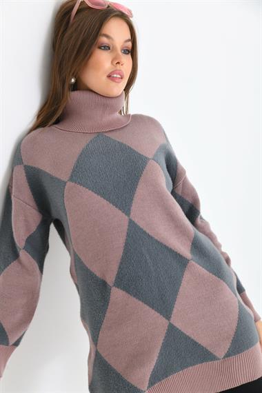 FTZ Women Kadın Baklava Desen Degaje Yaka Kazak  Gül 21-6360