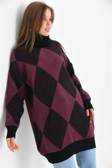 FTZ Women Kadın Baklava Desen Degaje Yaka Kazak  Siyah 21-6360