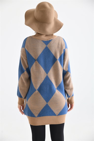 FTZ Women Kadın Baklava Desen Degaje Yaka Kazak  Bisküvi 21-6360