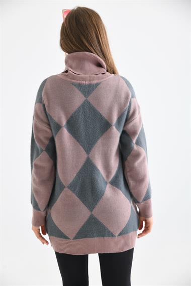 FTZ Women Kadın Baklava Desen Degaje Yaka Kazak  Gül 21-6360