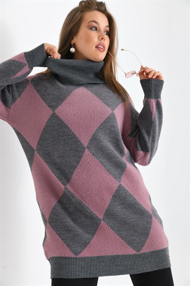 FTZ Women Kadın Baklava Desen Degaje Yaka Kazak  Gri 21-6360