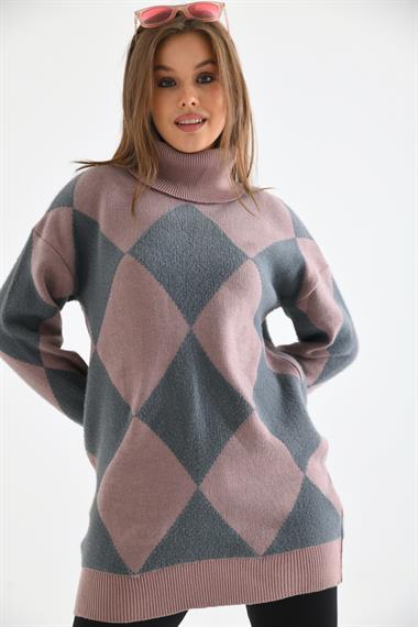 FTZ Women Kadın Baklava Desen Degaje Yaka Kazak  Gül 21-6360