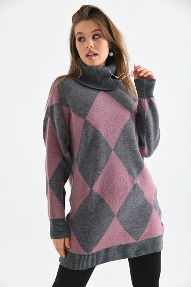 FTZ Women Kadın Baklava Desen Degaje Yaka Kazak  Gri 21-6360