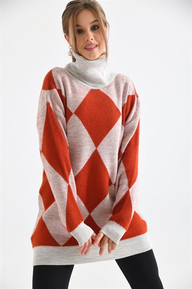 FTZ Women Kadın Baklava Desen Degaje Yaka Kazak  Taş 21-6360