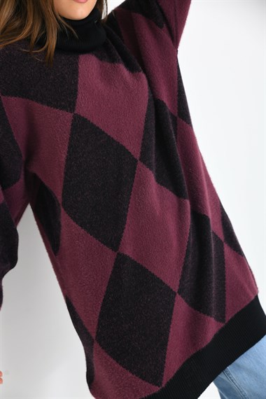 FTZ Women Kadın Baklava Desen Degaje Yaka Kazak  Siyah 21-6360