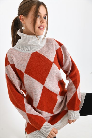 FTZ Women Kadın Baklava Desen Degaje Yaka Kazak  Taş 21-6360